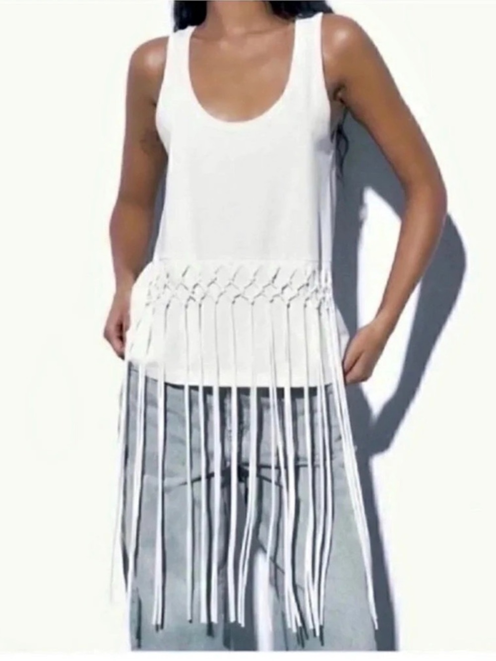 ZARA Macrame Fringe Tank Top White Small